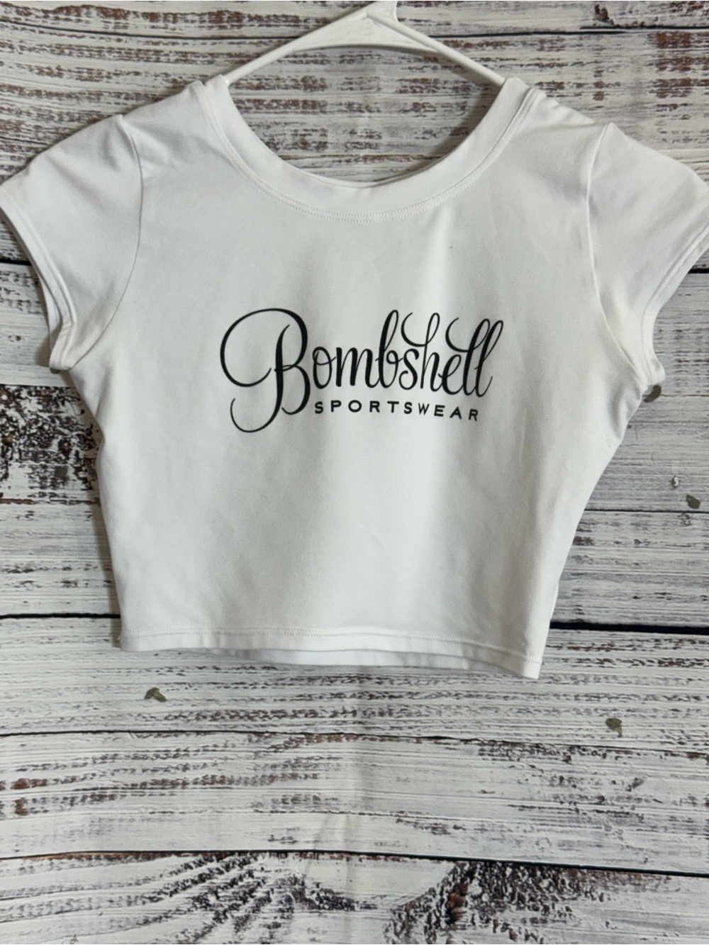 Bombshell Sportswear Top womens size XS White Crop Tee with Black Script Logo - Picture 2 of 8